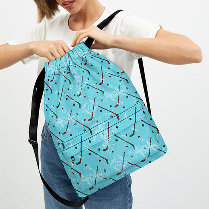 Hockey Stick And Puck Pattern Print Drawstring Backpack