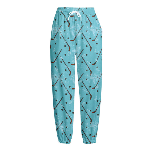 Hockey Stick And Puck Pattern Print Fleece Lined Knit Pants
