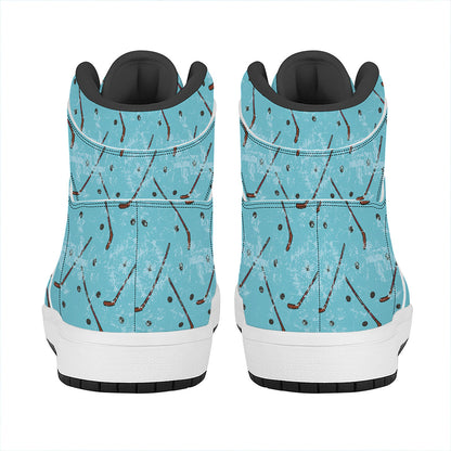 Hockey Stick And Puck Pattern Print High Top Leather Sneakers