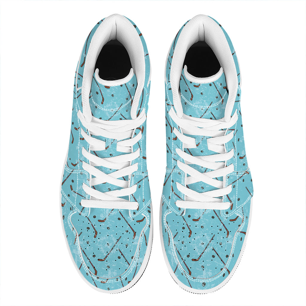 Hockey Stick And Puck Pattern Print High Top Leather Sneakers