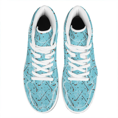 Hockey Stick And Puck Pattern Print High Top Leather Sneakers