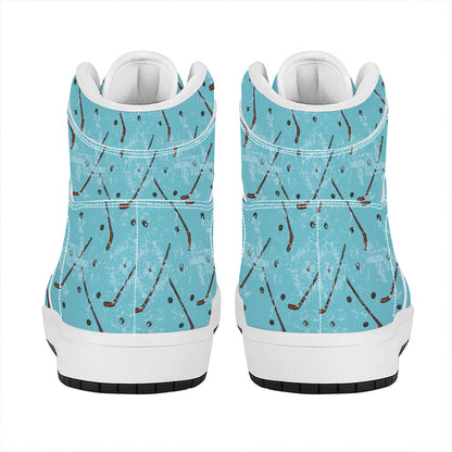 Hockey Stick And Puck Pattern Print High Top Leather Sneakers