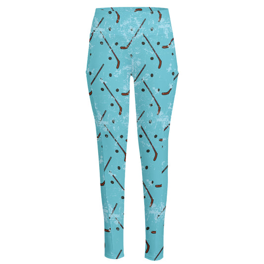 Hockey Stick And Puck Pattern Print High-Waisted Pocket Leggings