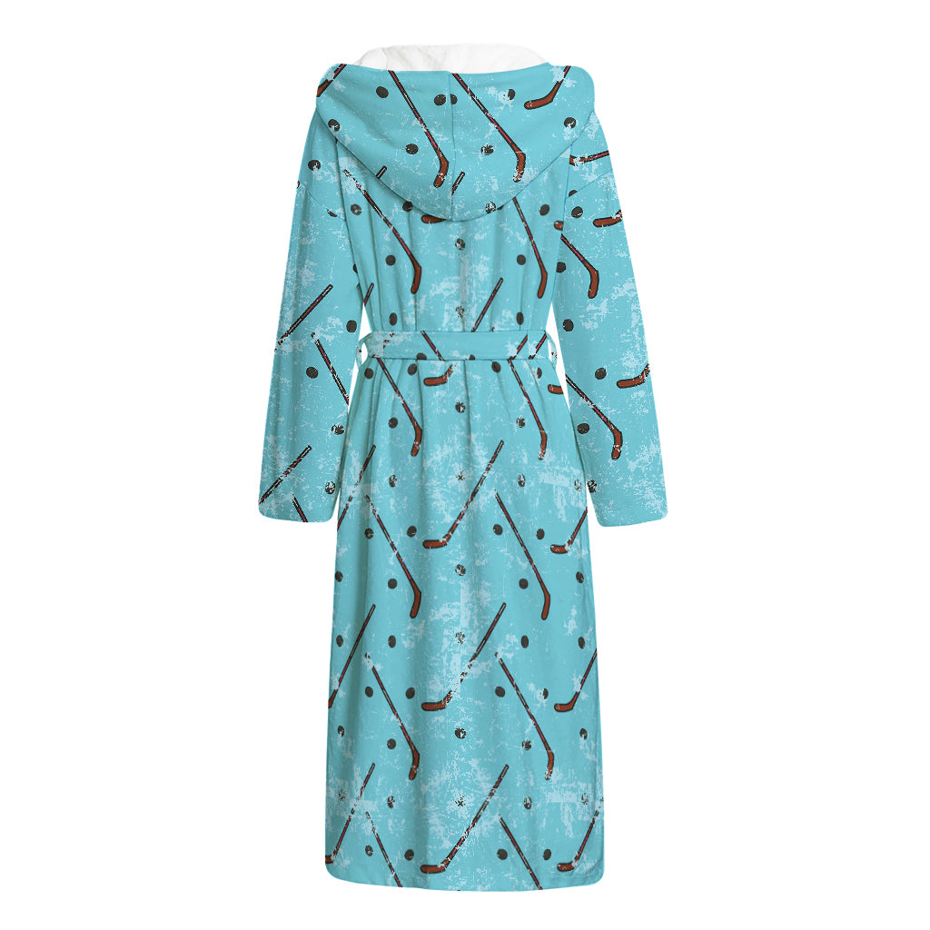 Hockey Stick And Puck Pattern Print Hooded Bathrobe