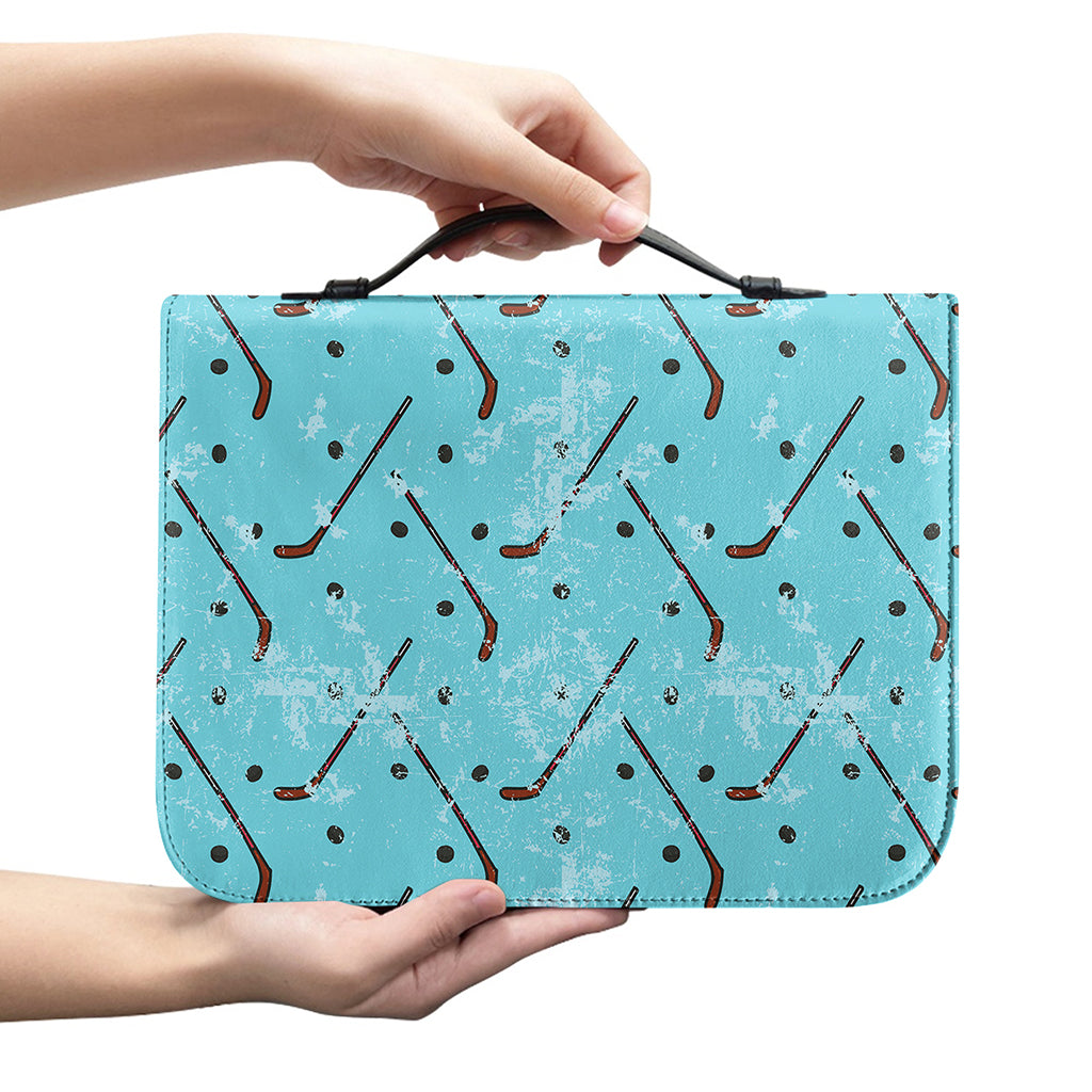 Hockey Stick And Puck Pattern Print Leather Bible Cover