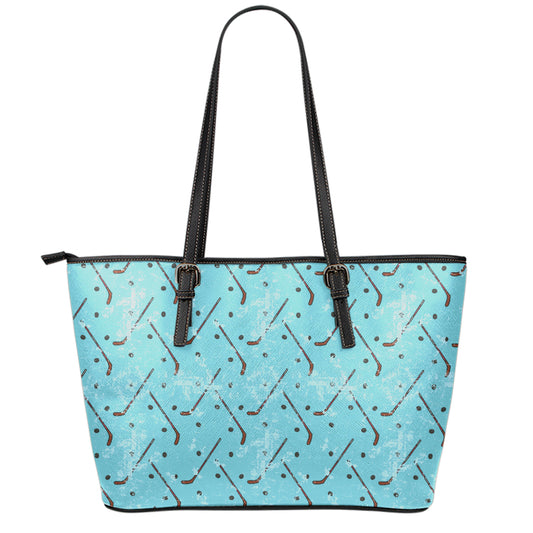 Hockey Stick And Puck Pattern Print Leather Tote Bag