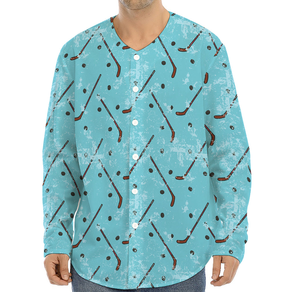 Hockey Stick And Puck Pattern Print Long Sleeve Baseball Jersey