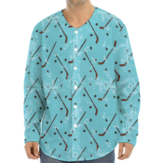 Hockey Stick And Puck Pattern Print Long Sleeve Baseball Jersey