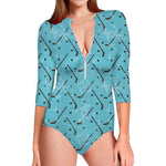Hockey Stick And Puck Pattern Print Long Sleeve Swimsuit