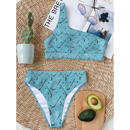 Hockey Stick And Puck Pattern Print One Shoulder Bikini Top