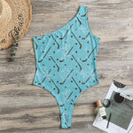 Hockey Stick And Puck Pattern Print One Shoulder Bodysuit
