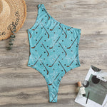 Hockey Stick And Puck Pattern Print One Shoulder Bodysuit