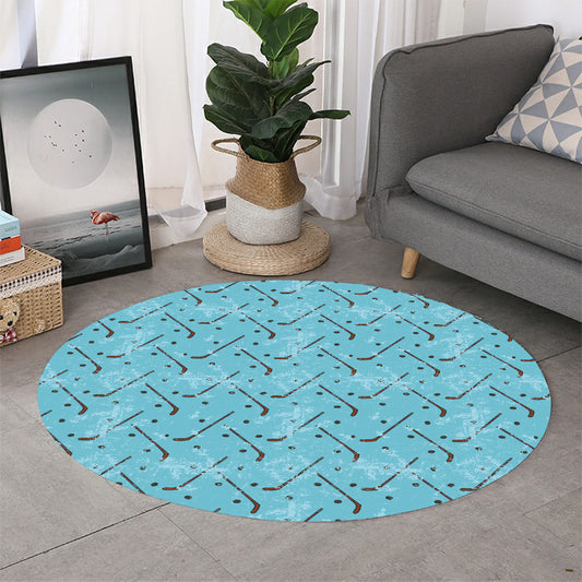 Hockey Stick And Puck Pattern Print Round Rug