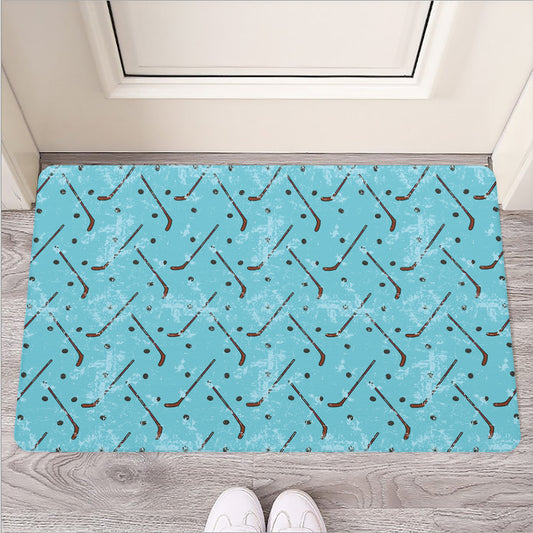 Hockey Stick And Puck Pattern Print Rubber Doormat