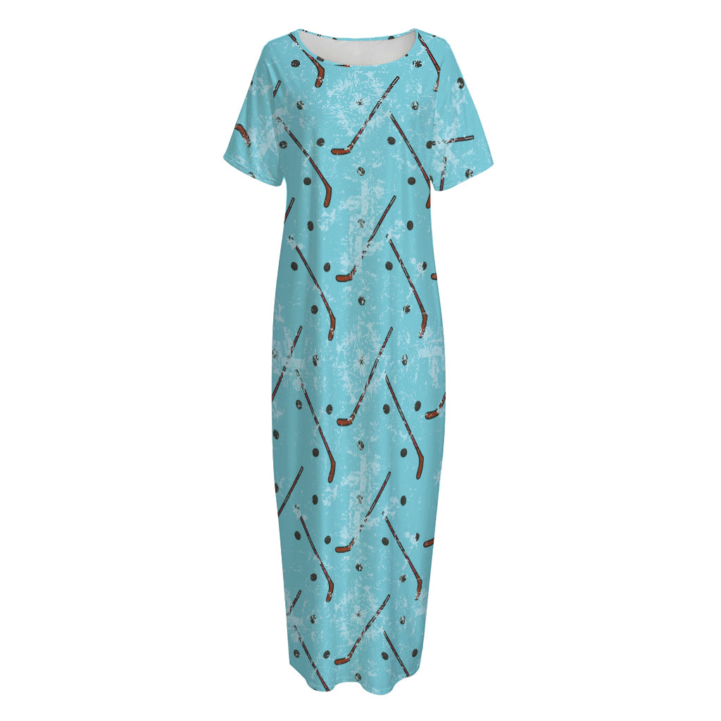 Hockey Stick And Puck Pattern Print Short Sleeve Long Nightdress
