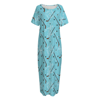 Hockey Stick And Puck Pattern Print Short Sleeve Long Nightdress