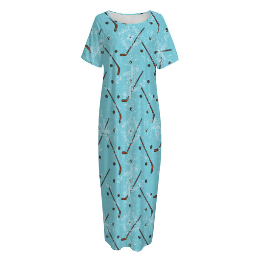 Hockey Stick And Puck Pattern Print Short Sleeve Long Nightdress