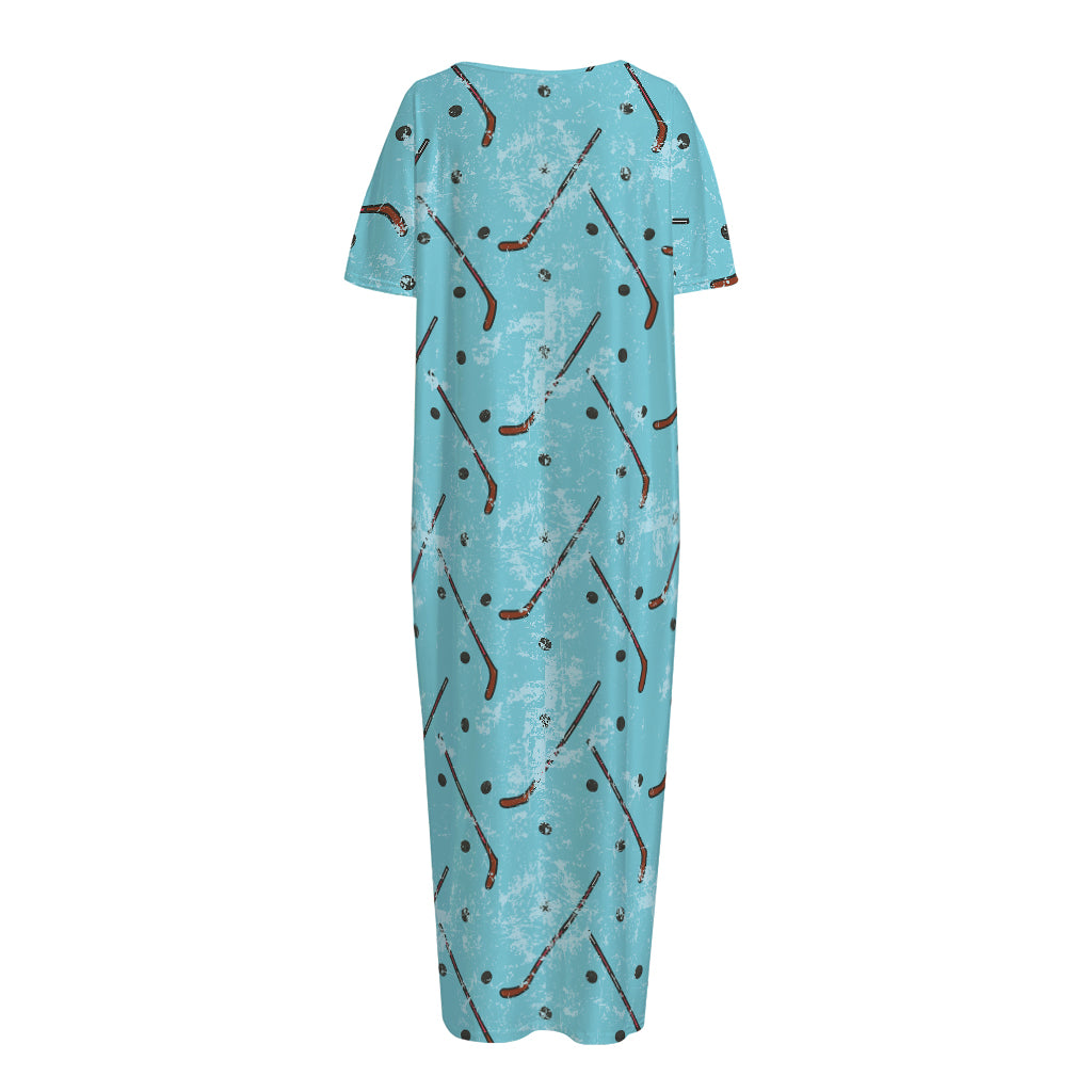 Hockey Stick And Puck Pattern Print Short Sleeve Long Nightdress