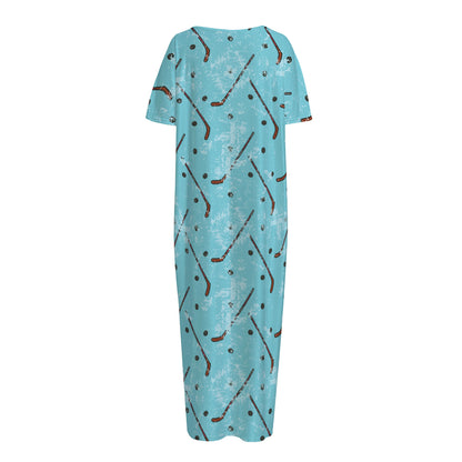 Hockey Stick And Puck Pattern Print Short Sleeve Long Nightdress