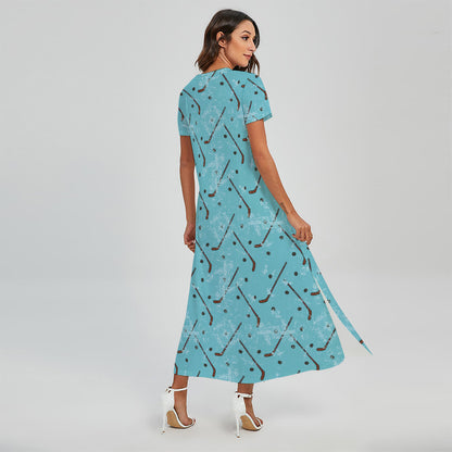 Hockey Stick And Puck Pattern Print Short Sleeve Maxi Dress