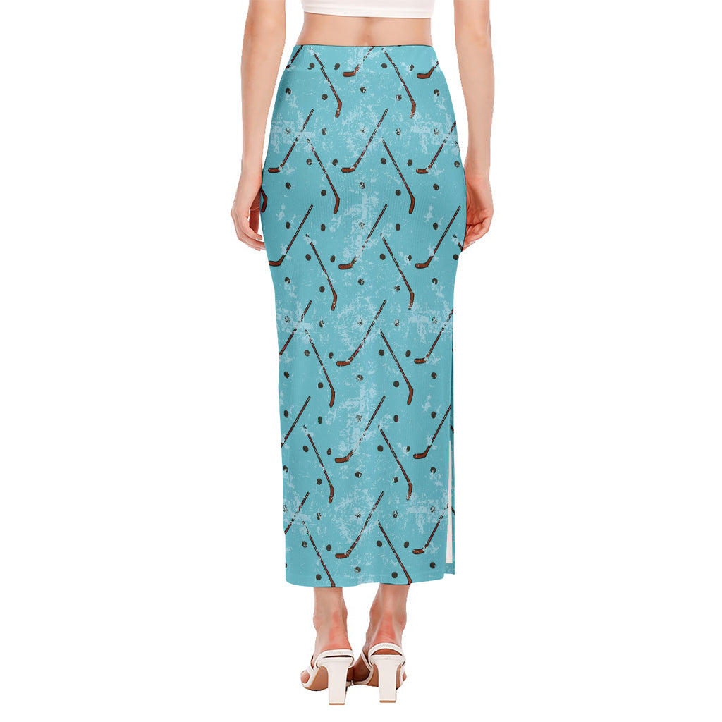 Hockey Stick And Puck Pattern Print Side Slit Maxi Skirt
