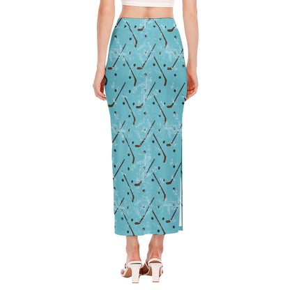 Hockey Stick And Puck Pattern Print Side Slit Maxi Skirt