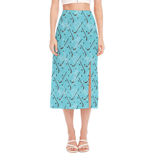 Hockey Stick And Puck Pattern Print Side Slit Midi Skirt