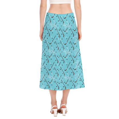 Hockey Stick And Puck Pattern Print Side Slit Midi Skirt