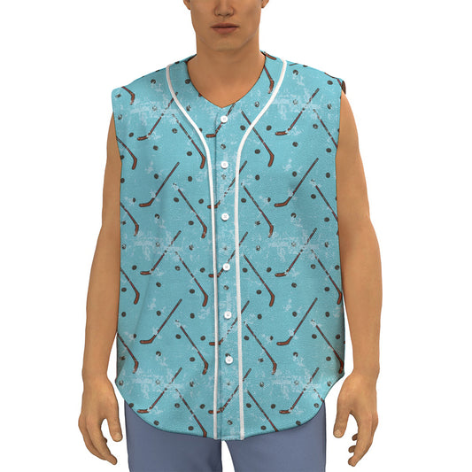 Hockey Stick And Puck Pattern Print Sleeveless Baseball Jersey