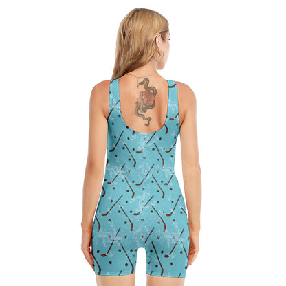 Hockey Stick And Puck Pattern Print Sleeveless One Piece Swimsuit