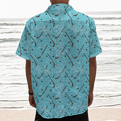 Hockey Stick And Puck Pattern Print Textured Short Sleeve Shirt