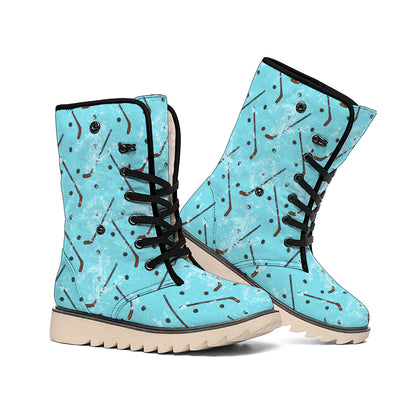 Hockey Stick And Puck Pattern Print Winter Boots