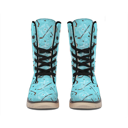 Hockey Stick And Puck Pattern Print Winter Boots