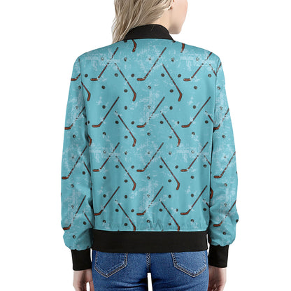Hockey Stick And Puck Pattern Print Women's Bomber Jacket