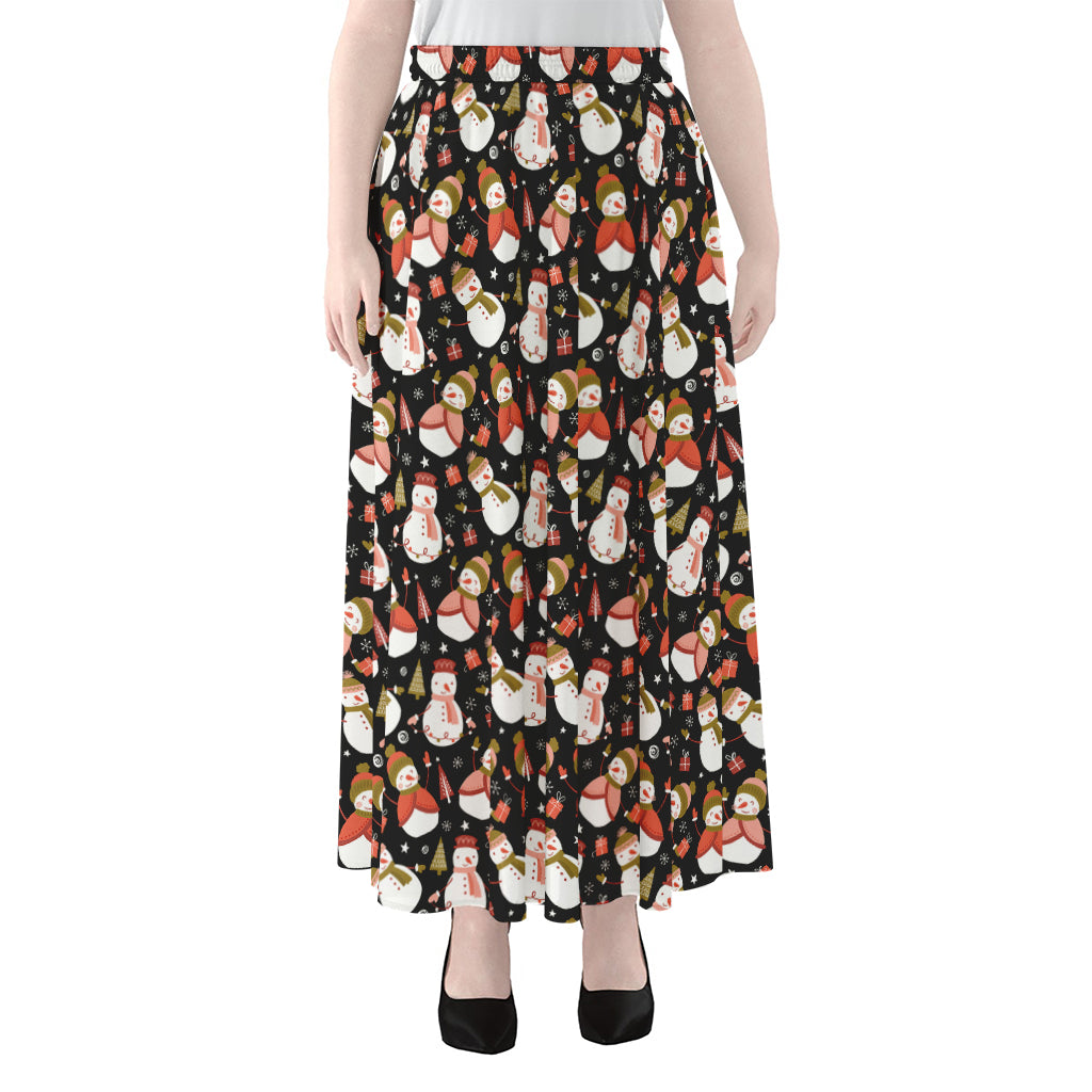 Holiday Snowman Pattern Print Chiffon Maxi Skirt