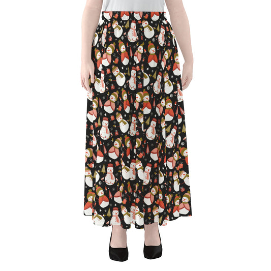 Holiday Snowman Pattern Print Chiffon Maxi Skirt