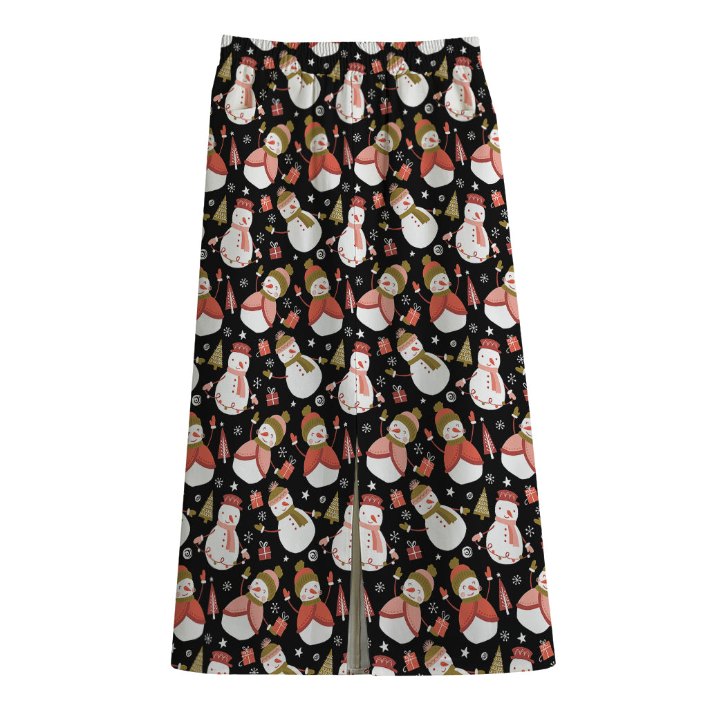 Holiday Snowman Pattern Print Cotton Front Slit Maxi Skirt