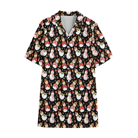 Holiday Snowman Pattern Print Cotton Hawaiian Shirt
