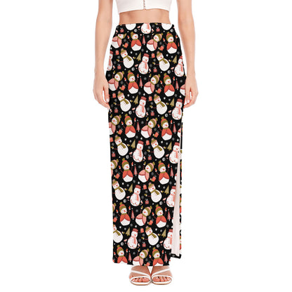 Holiday Snowman Pattern Print High Slit Maxi Skirt