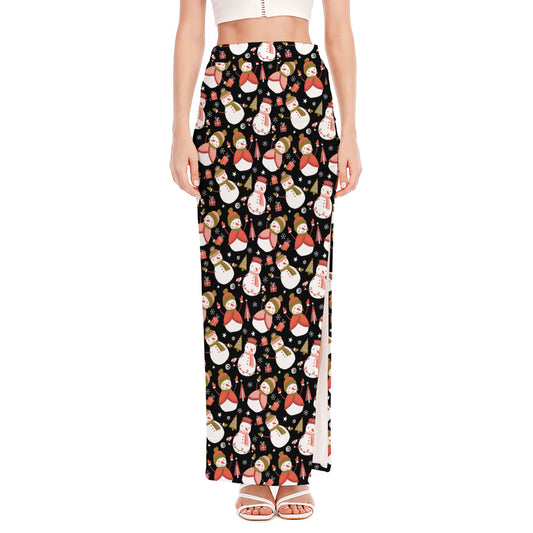 Holiday Snowman Pattern Print High Slit Maxi Skirt