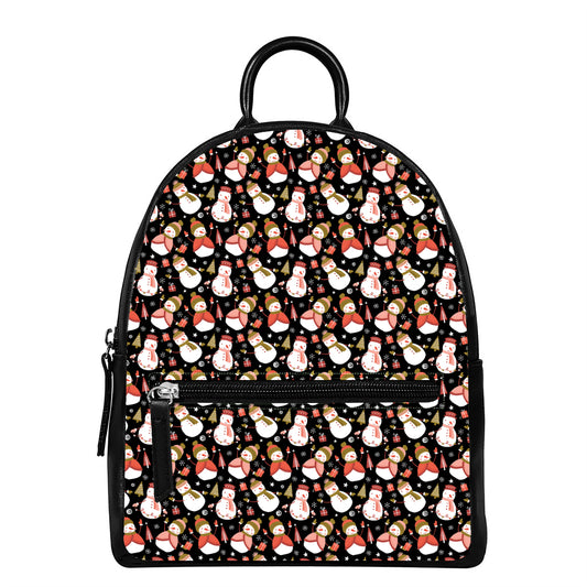 Holiday Snowman Pattern Print Leather Backpack