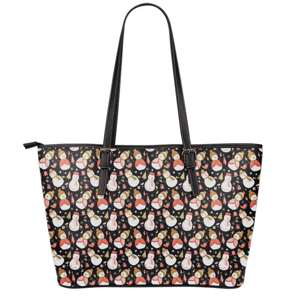 Holiday Snowman Pattern Print Leather Tote Bag