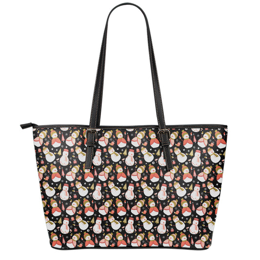 Holiday Snowman Pattern Print Leather Tote Bag