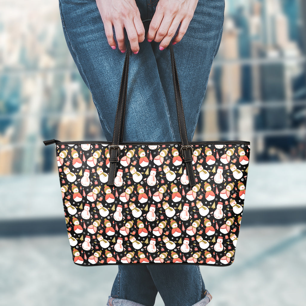 Holiday Snowman Pattern Print Leather Tote Bag