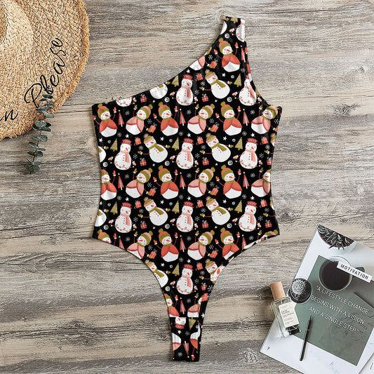 Holiday Snowman Pattern Print One Shoulder Bodysuit