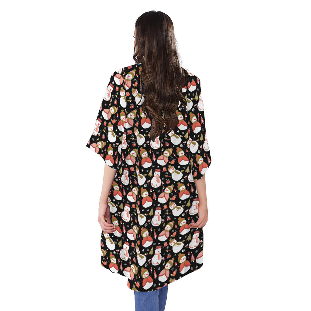 Holiday Snowman Pattern Print Open Front Beach Cover Up