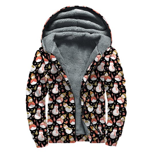 Holiday Snowman Pattern Print Sherpa Lined Zip Up Hoodie