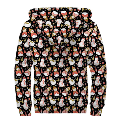 Holiday Snowman Pattern Print Sherpa Lined Zip Up Hoodie