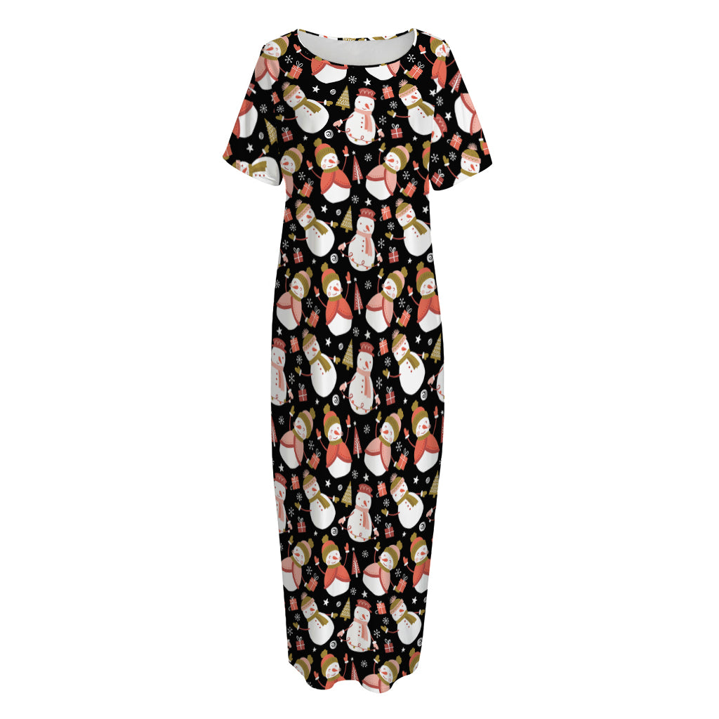Holiday Snowman Pattern Print Short Sleeve Long Nightdress