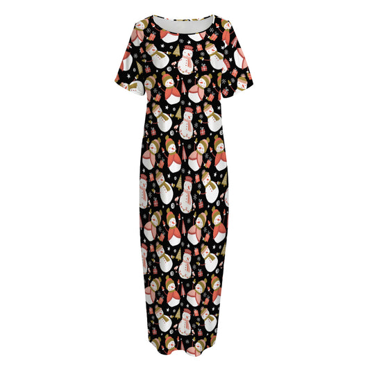 Holiday Snowman Pattern Print Short Sleeve Long Nightdress